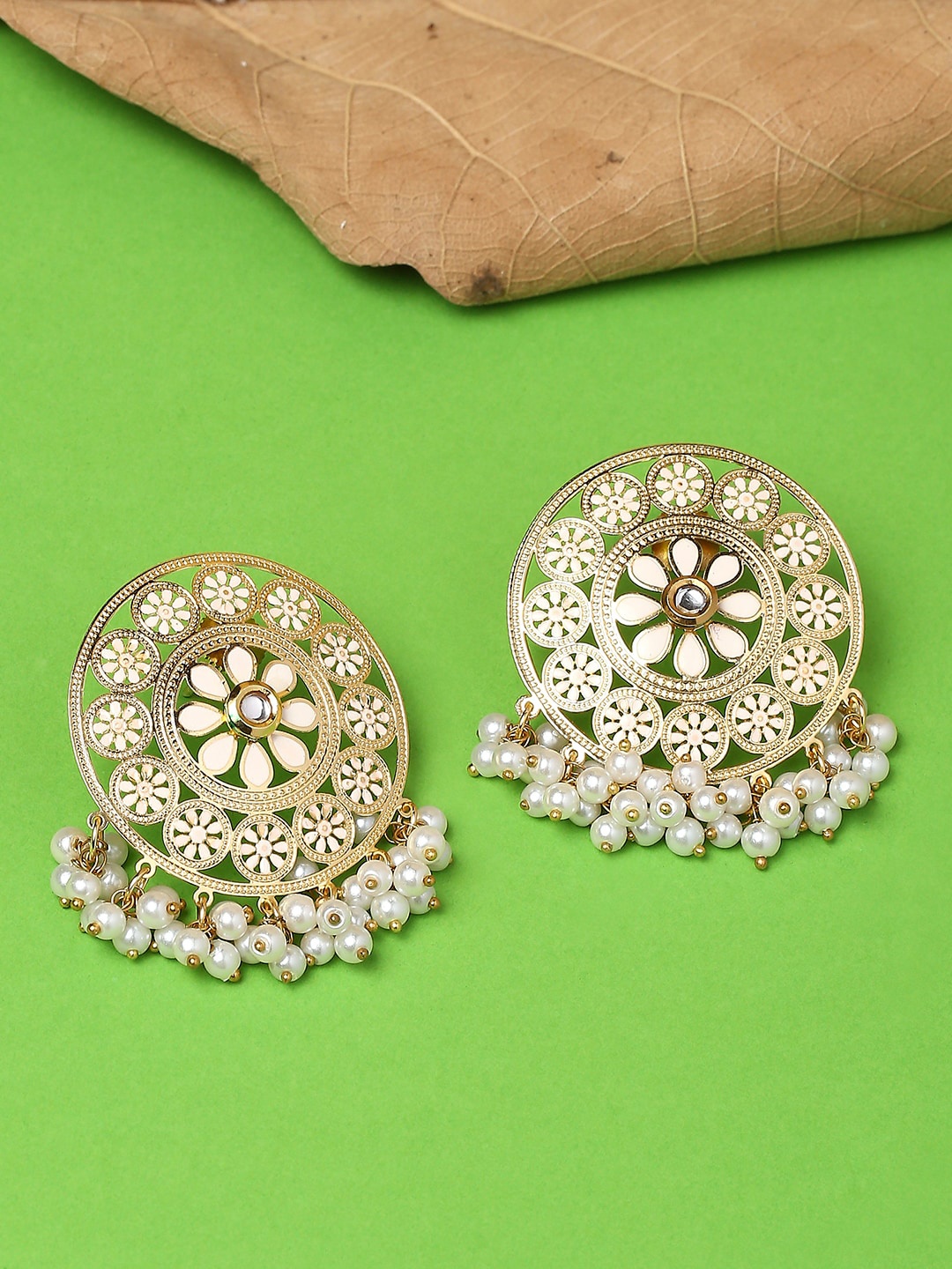 

OOMPH Kundan Studded Contemporary Meenakari Studs Earrings, Gold