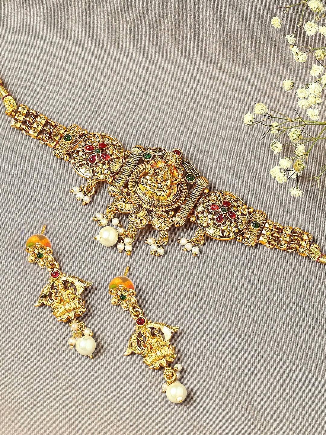 

OOMPH Artificial Stones Studded & Pearls Beaded Temple Jewellery Set, Gold