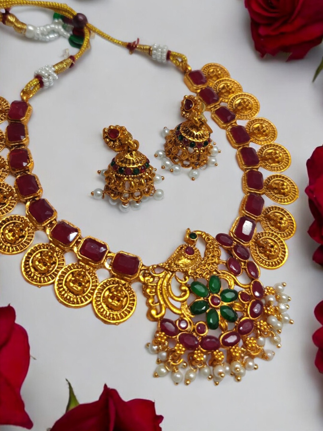

OOMPH Artificial Stones Studded & Pearls Beaded Temple Jewellery Set, Gold