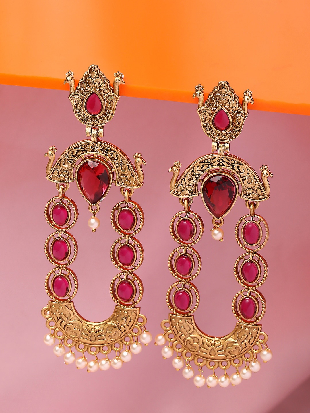 

OOMPH Kundan Studded Peacock Shaped Jadau Drop Earrings, Gold