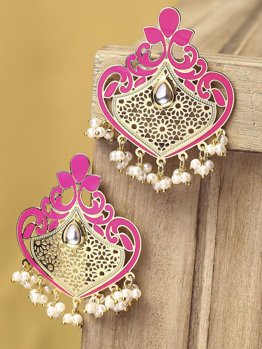 

OOMPH Floral Meenakari & Kundan Chandbalis, Pink