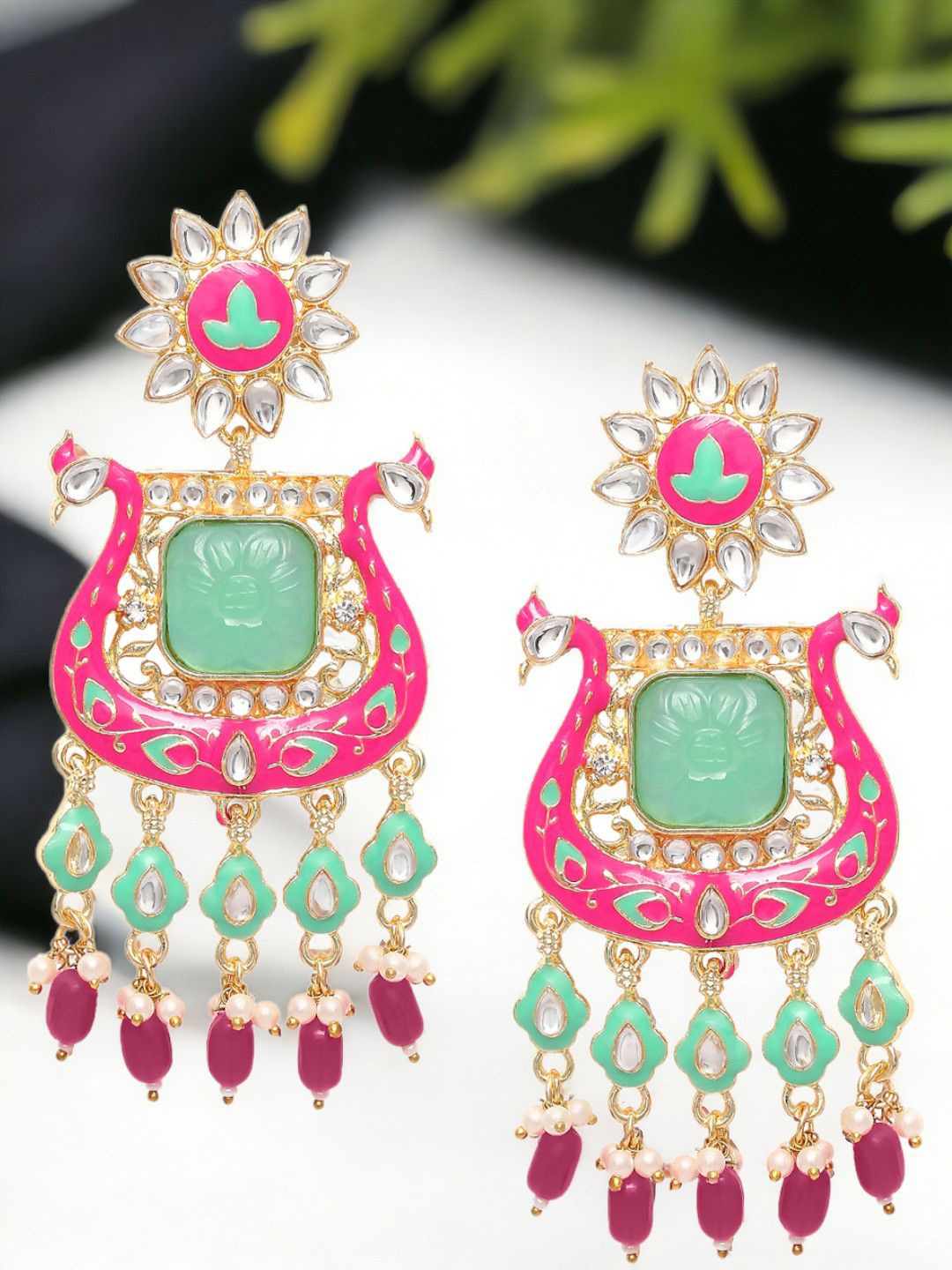 

OOMPH Peacock Shaped Kundan Meenakari Chandbalis, Green