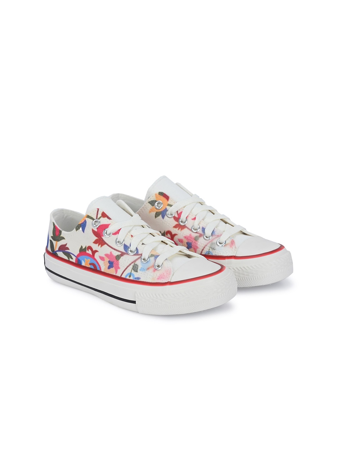 

CROWCIA LONDON Women Printed Round Toe Lightweight Canvas Sneakers, White