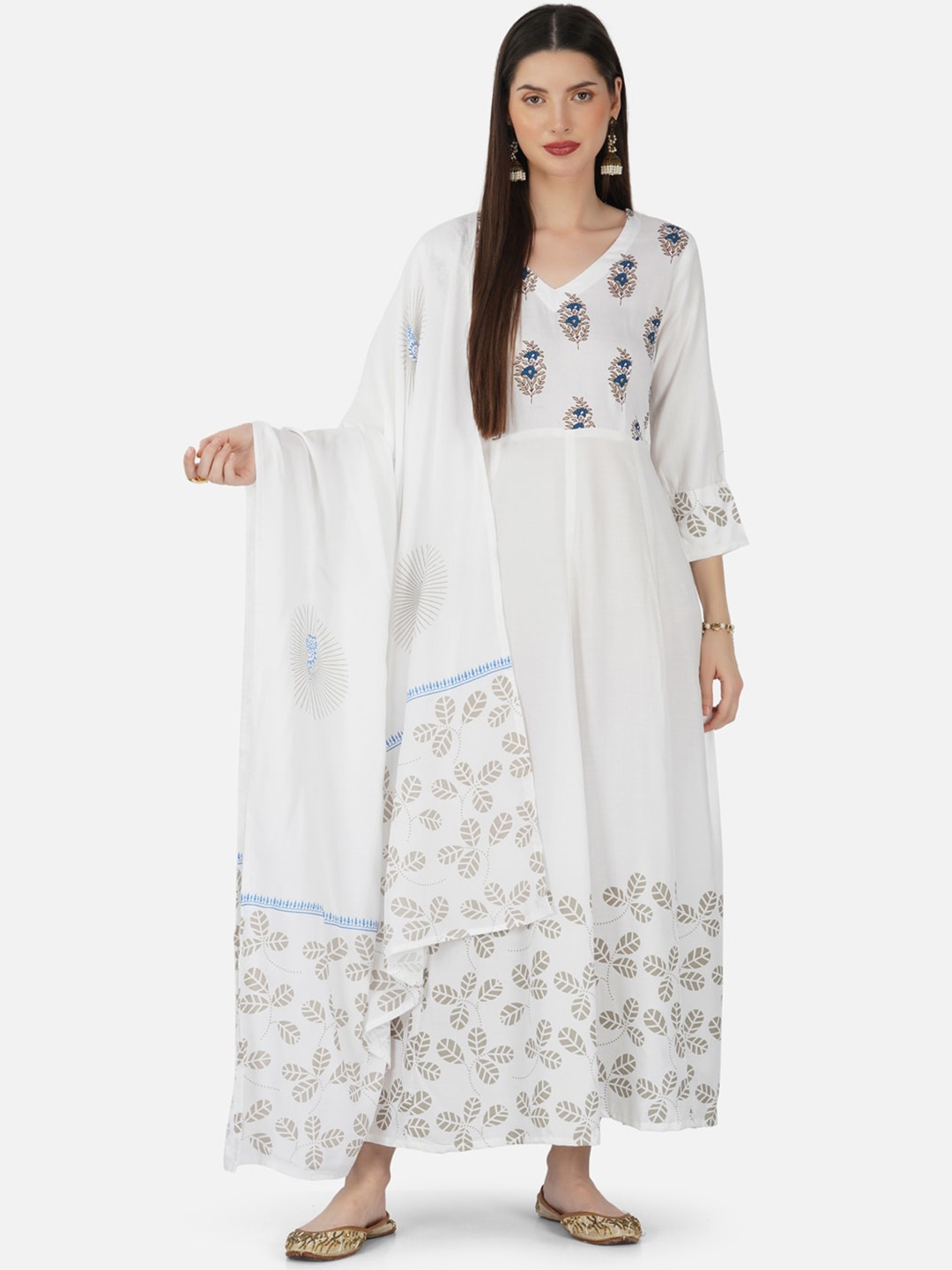 

NEW STYLISH V Neck Floral Printed Anarkali Kurta with Dupatta, White