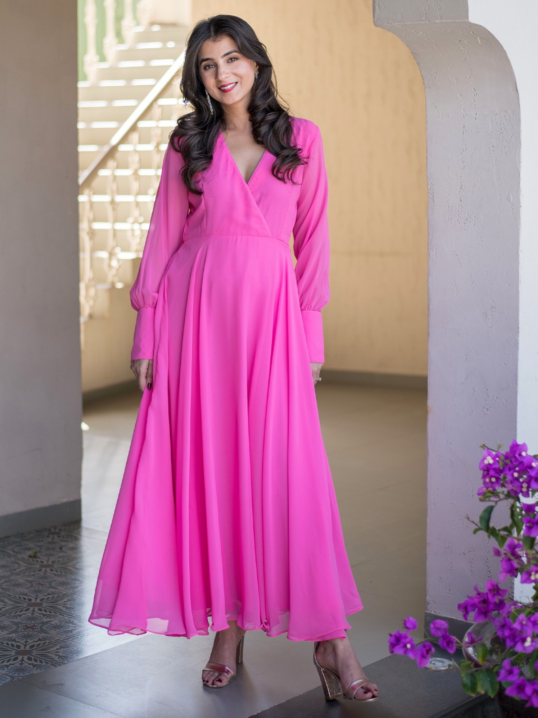 

Label Shaurya Sanadhya Bishop Sleeves Georgette Maxi Dress, Pink