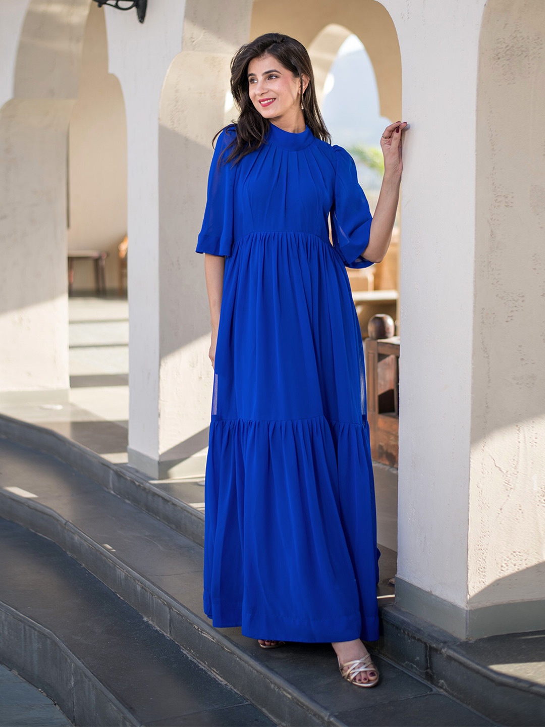 

Label Shaurya Sanadhya Mock Neck Flared Sleeves Georgette Maxi Dress, Blue
