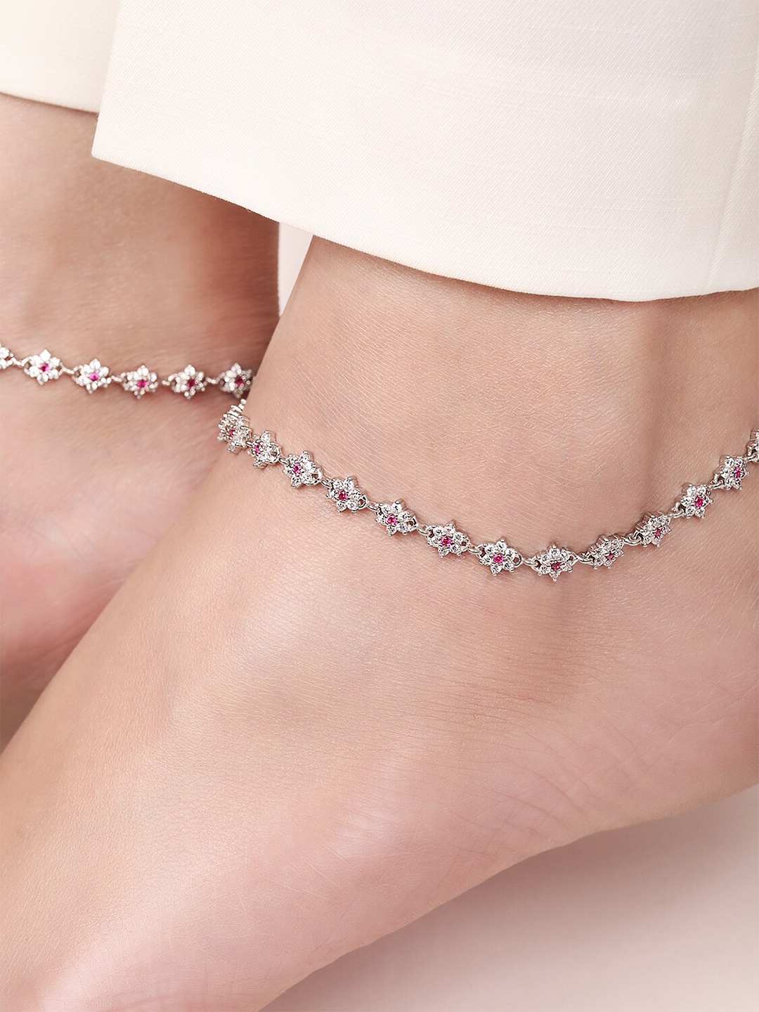 

Zavya Set of 2 925 Pure Silver Rhodium-Plated Stones Studded Anklets