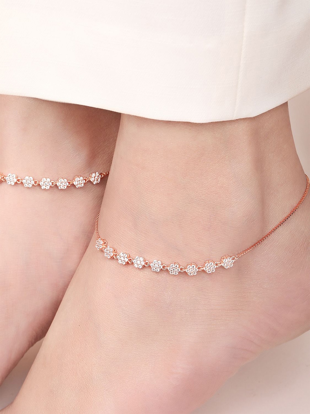 

Zavya Set of 2 925 Pure Silver Rose Gold-Plated Stones Studded Anklets