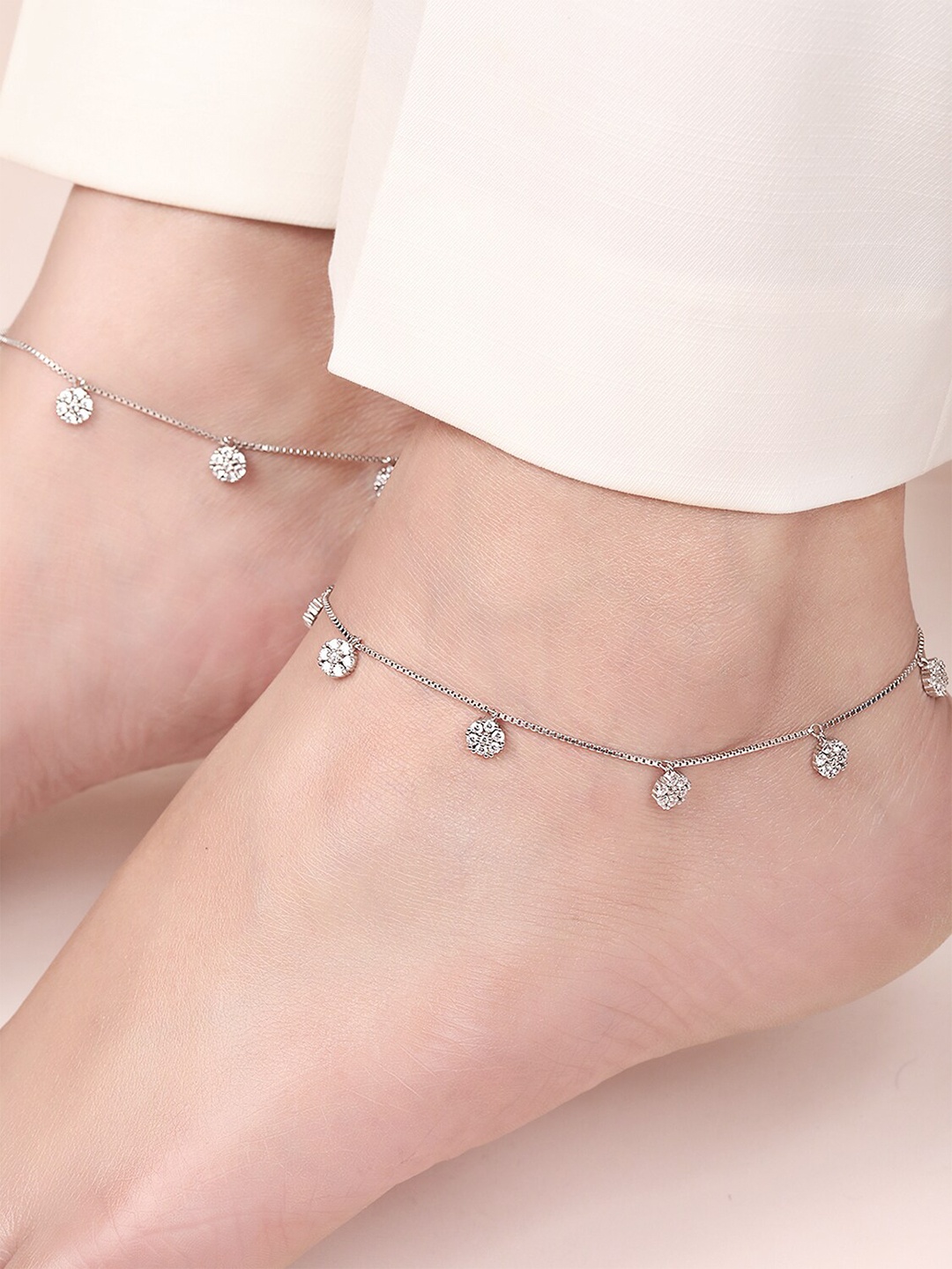 

Zavya Rhodium-Plated 925 Pure Silver Stones Studded Anklets