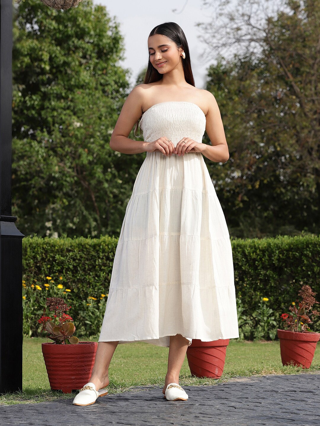 

KALINI Strapless Smocked Cotton Fit & Flare Midi Dress, Cream