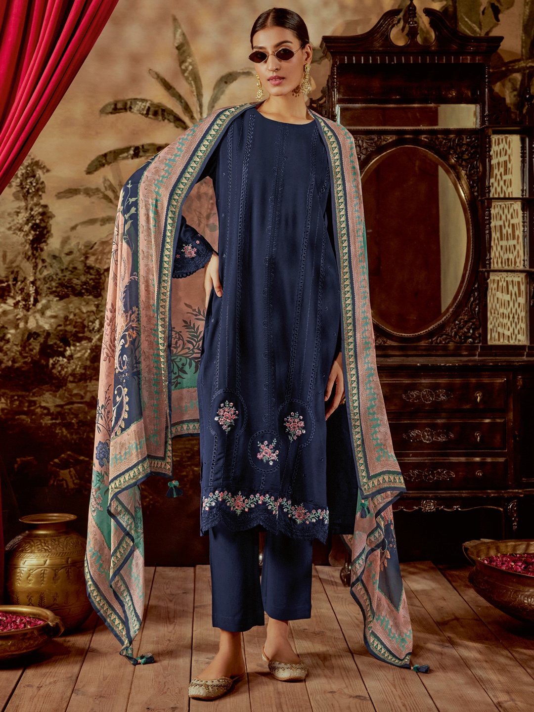 

Indo Era Women Floral Embroidered Regular Thread Work Silk Kurta Trousers With Dupatta, Navy blue