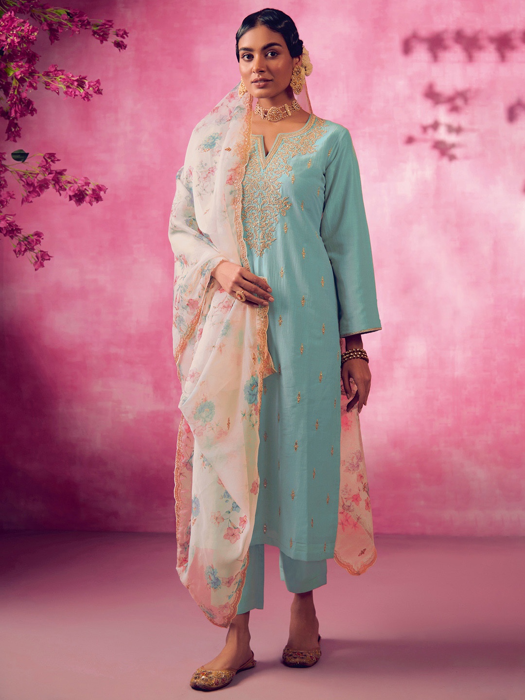 

Indo Era Women Floral Embroidered Regular Kurta Trousers With Dupatta, Blue
