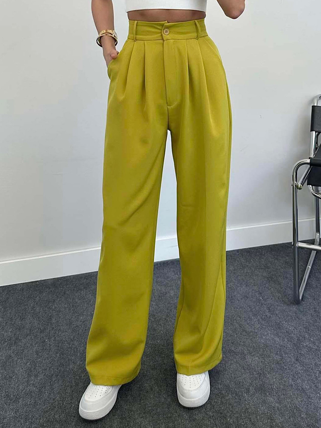 

LULU & SKY Women Straight Fit High-Rise Pleated Regular Trousers, Lime green
