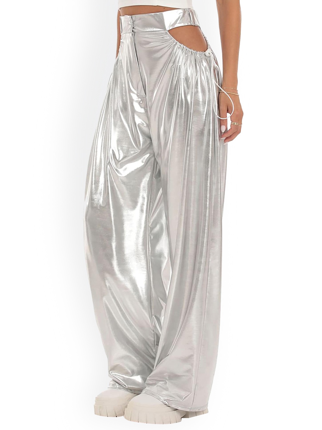 

LULU & SKY Women Straight Fit High-Rise Cut-Out Parallel Trousers, Silver