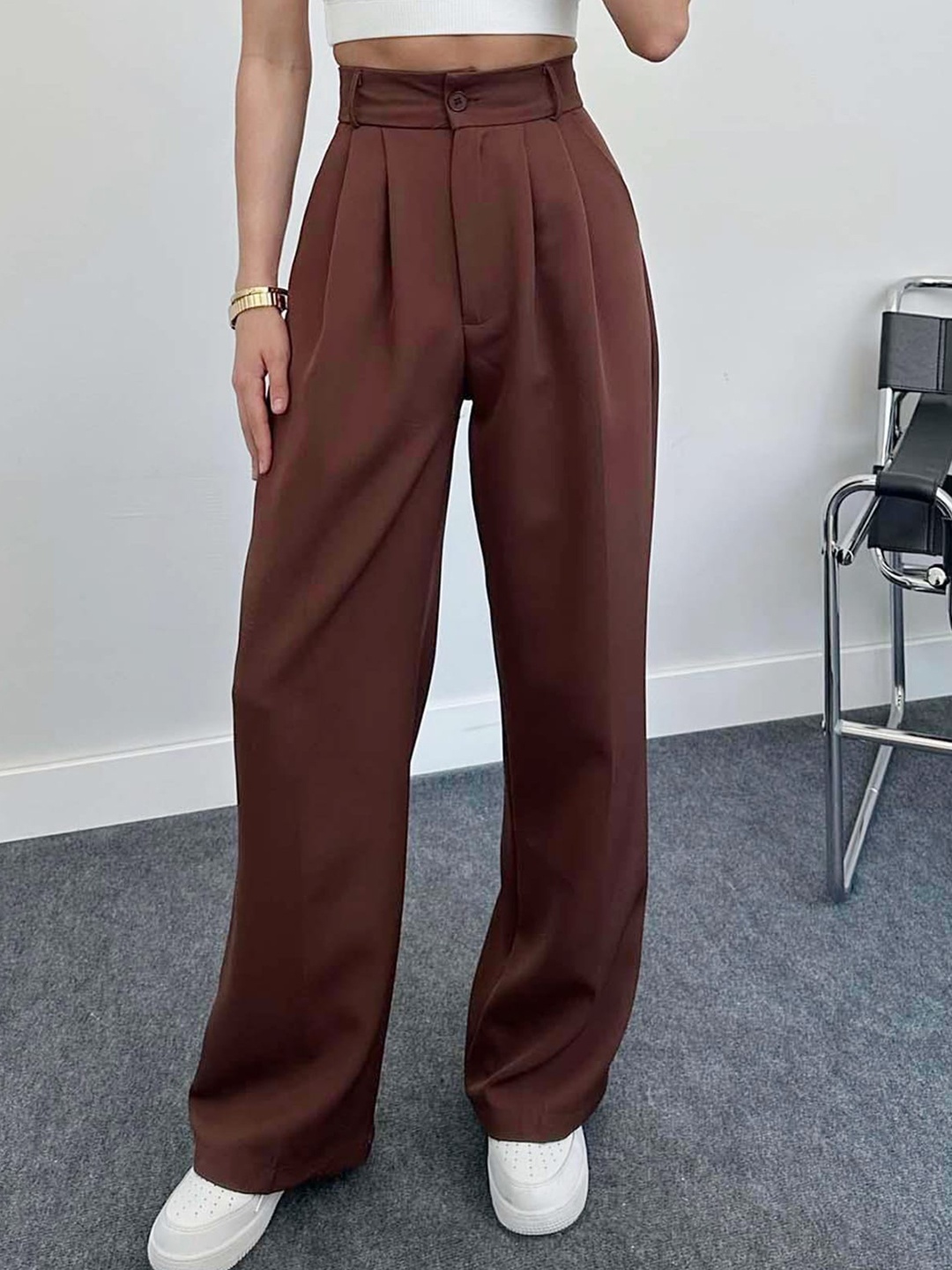 

LULU & SKY Women Straight Fit High-Rise Pleated Trousers, Brown
