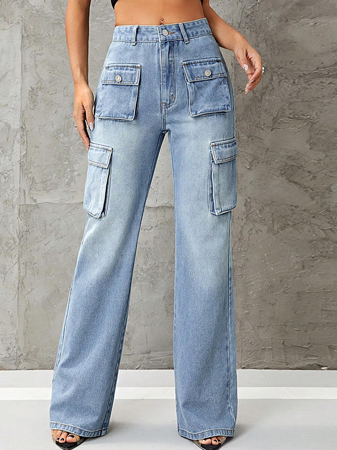

LULU & SKY Women Straight Fit Clean Look Heavy Fade Cargo Jeans, Blue