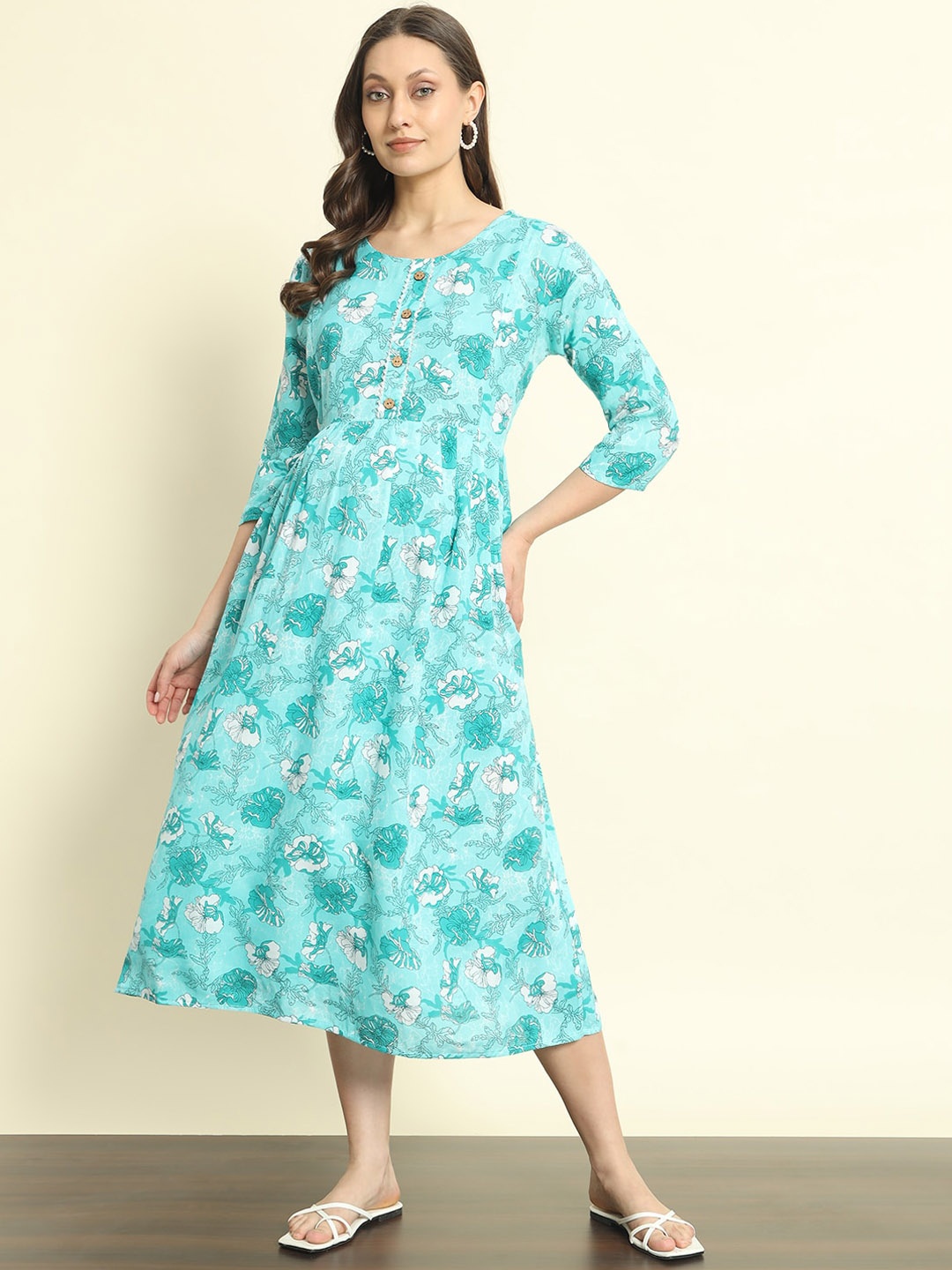 

Mialo fashion Women Printed Fit & Flared Midi Maternity Ethnic Dresses, Blue