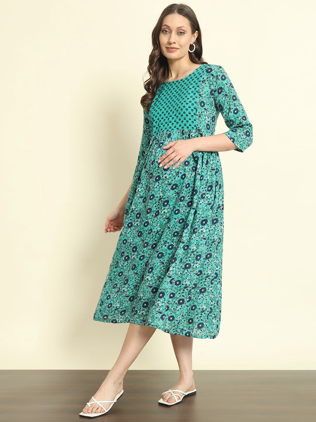

Mialo fashion Printed Maternity Feeding Fit and Flare Ethnic Midi Dress, Green