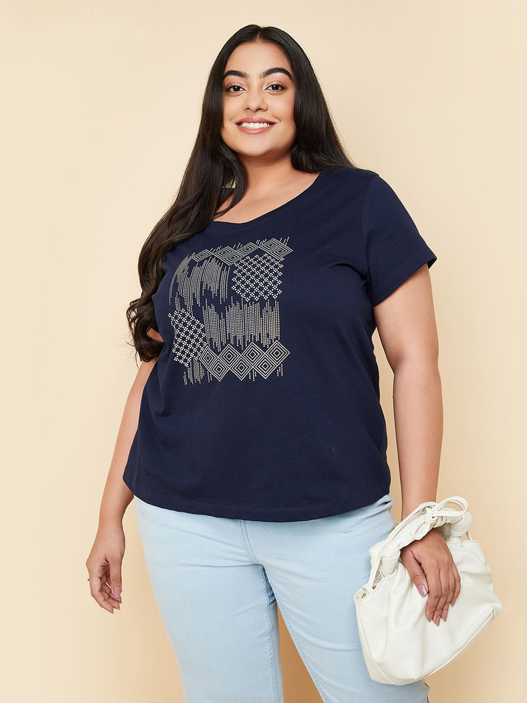 

max Women Round Neck Cotton T-shirt, Navy blue