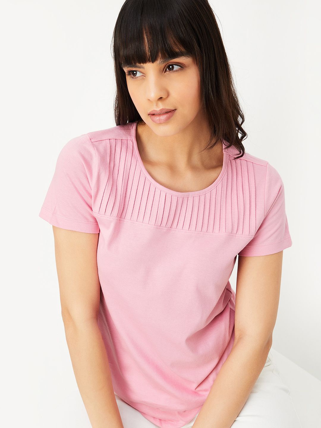 

max Women Round Neck Solid Cotton T-shirt, Pink