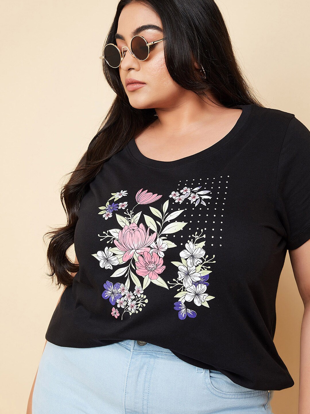 

max Women Floral Printed Round Neck Cotton T-shirt, Black