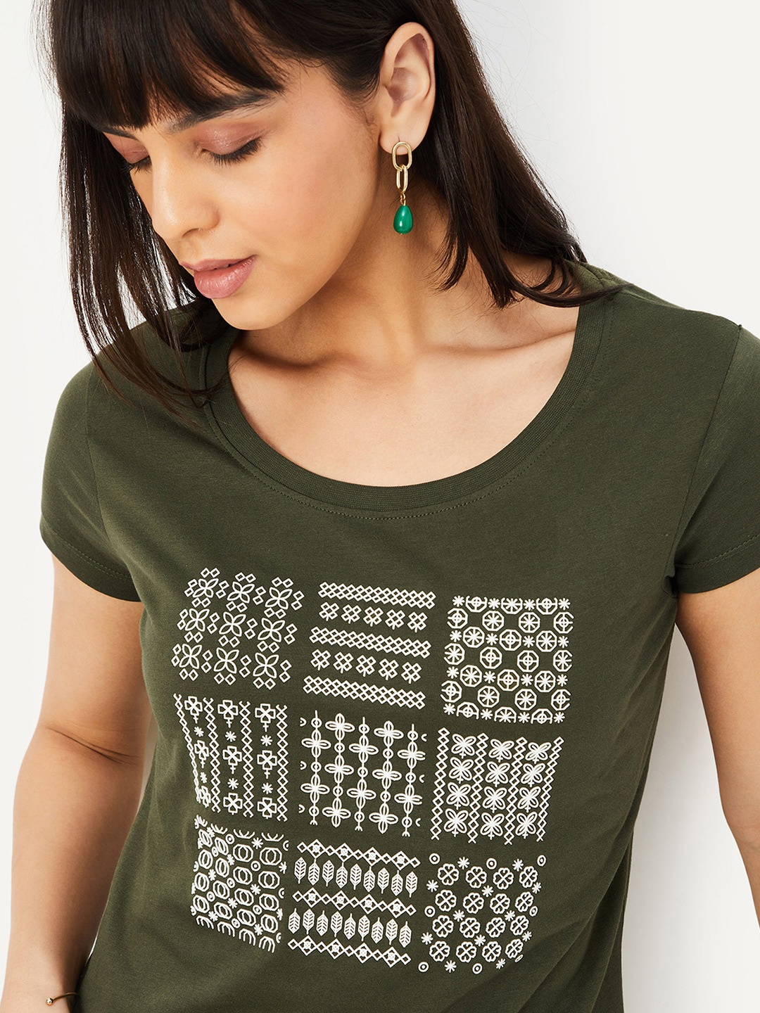 

max Women Printed Round Neck Cotton T-shirt, Olive