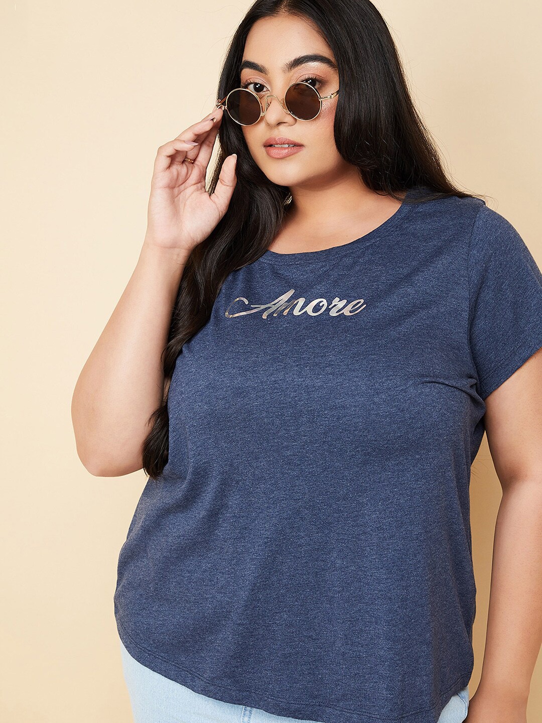 

max Women Typography Round Neck Cotton T-shirt, Navy blue