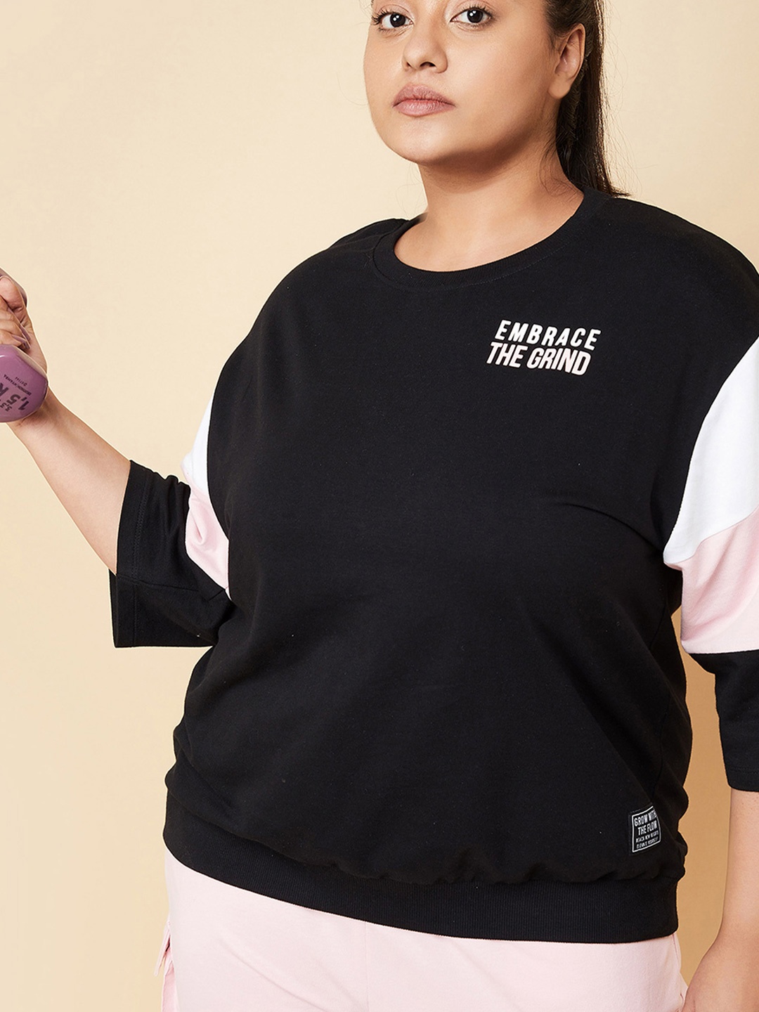 max Women Typography V-Neck Applique T-shirt, Black