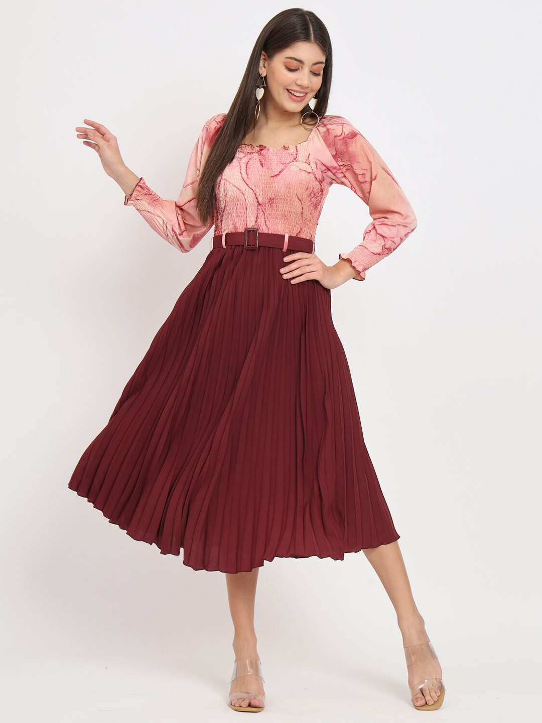 

OTABU Abstract Print Smocked Fit & Flare Linen Midi Dress, Maroon