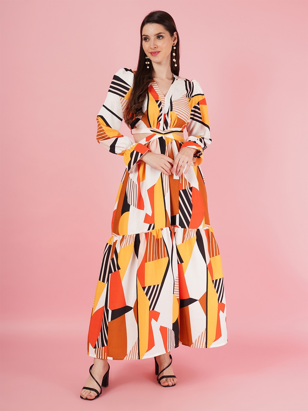 

OTABU Abstract Print V-Neck Puff Sleeves Cut-Outs Linen Maxi Dress, Mustard