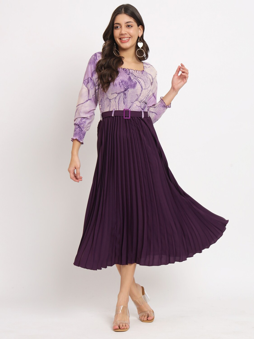 

OTABU Abstract Print Smocked Fit & Flare Linen Midi Dress, Purple