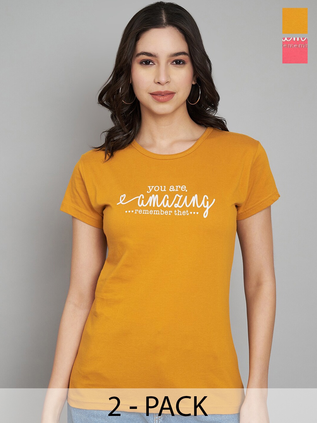 

Trend Level Pack Of 2 Printed Round Neck T-shirt, Mustard