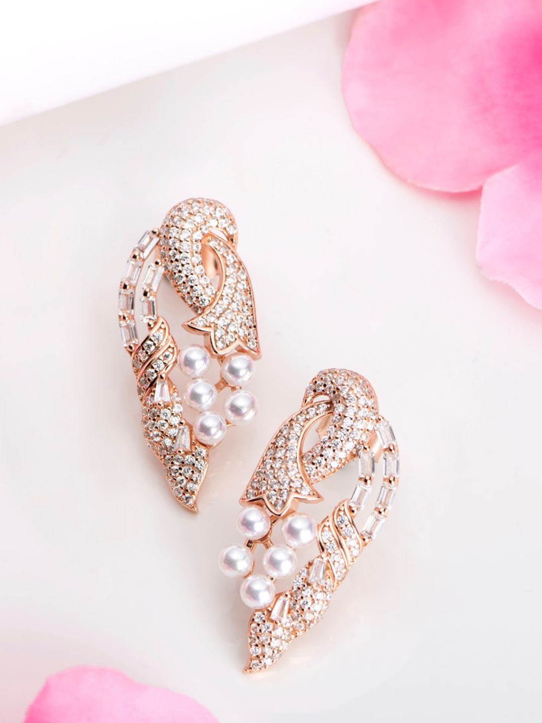 

Zavya Rose Gold-Plated 925 Sterling Silver Cubic Zirconia Studded Drop Earrings