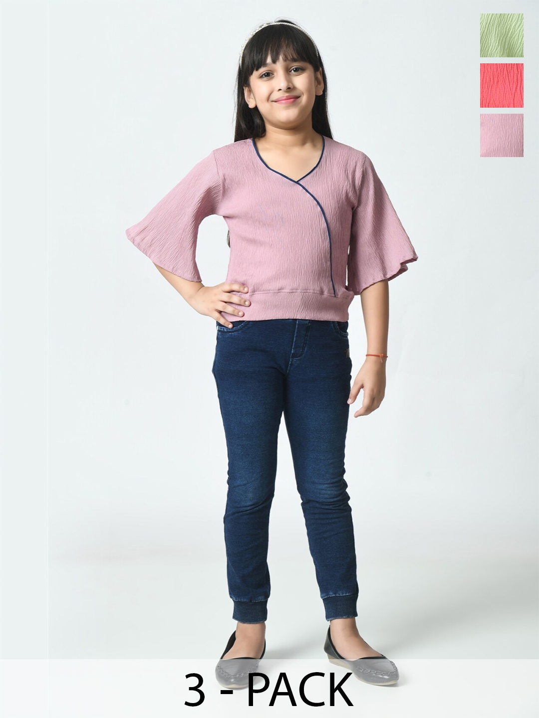 

BAESD Pack Of 3 Girls Flared Sleeve V-neck Crepe Top, Multi