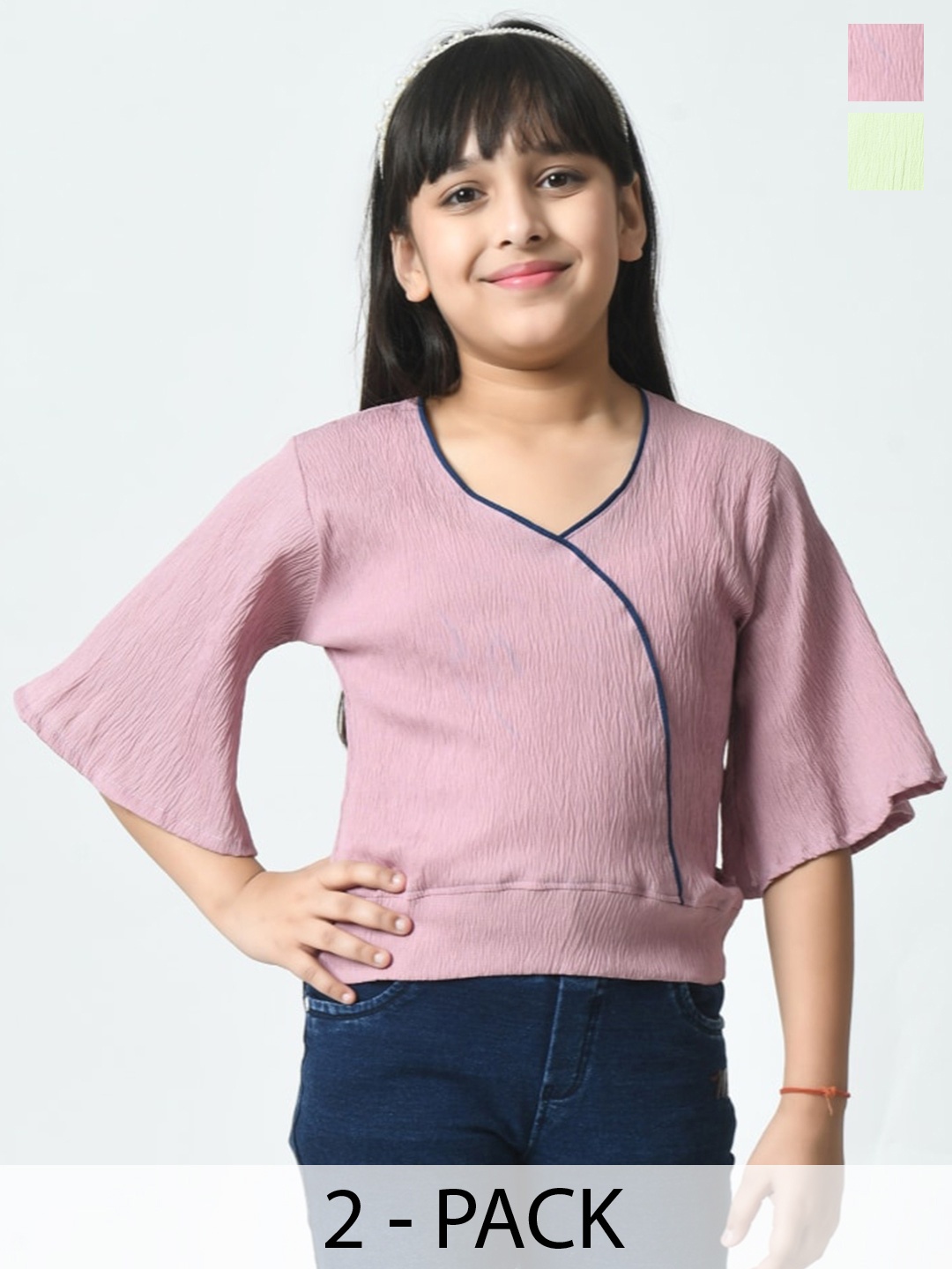 

BAESD Girls Pack of 2 V-Neck Flared Sleeve Crepe Regular Top, Peach