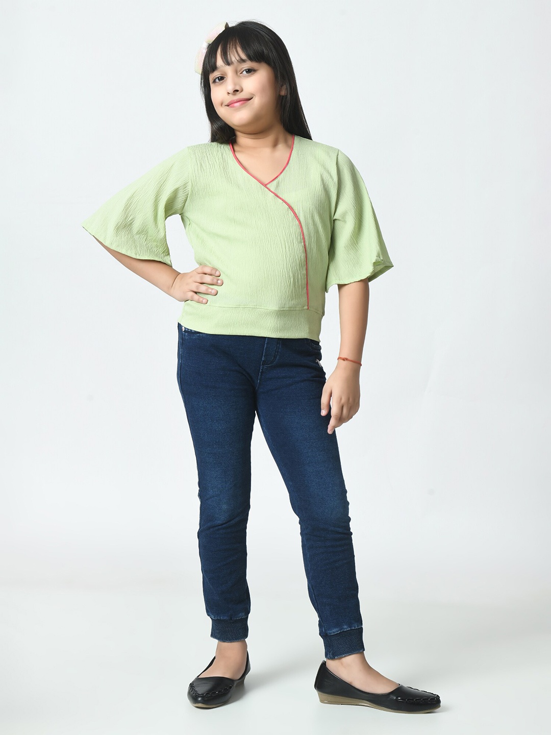 

BAESD Girls V-neck Flared Sleeve Crepe Top, Green