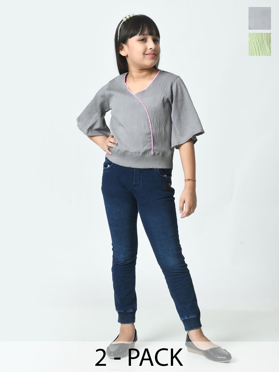 

BAESD Pack Of 2 Girls V-neck Crepe Top, Grey