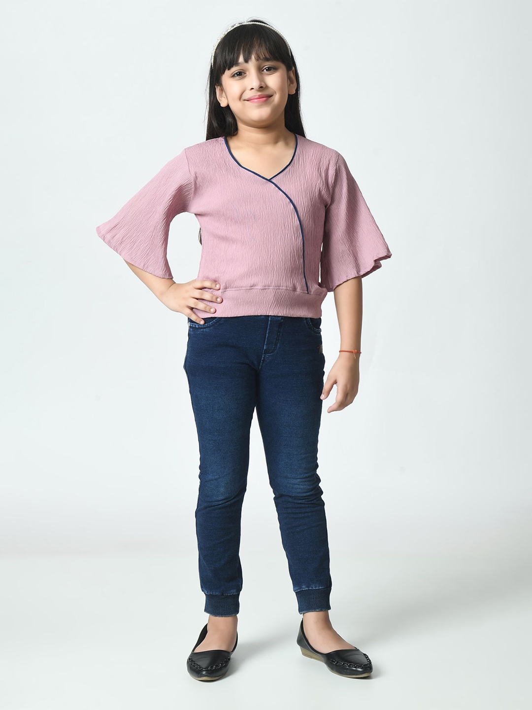 

BAESD Girls V-neck Flared Sleeve Crepe Top, Pink