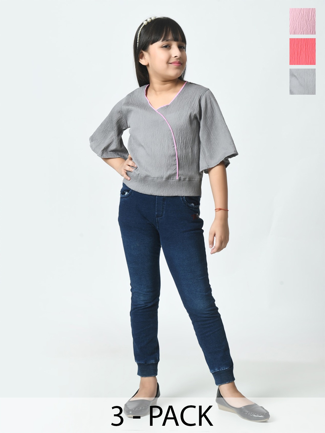 

BAESD Pack Of 3 Girls V-neck Flared Sleeves Crepe Top, Multi