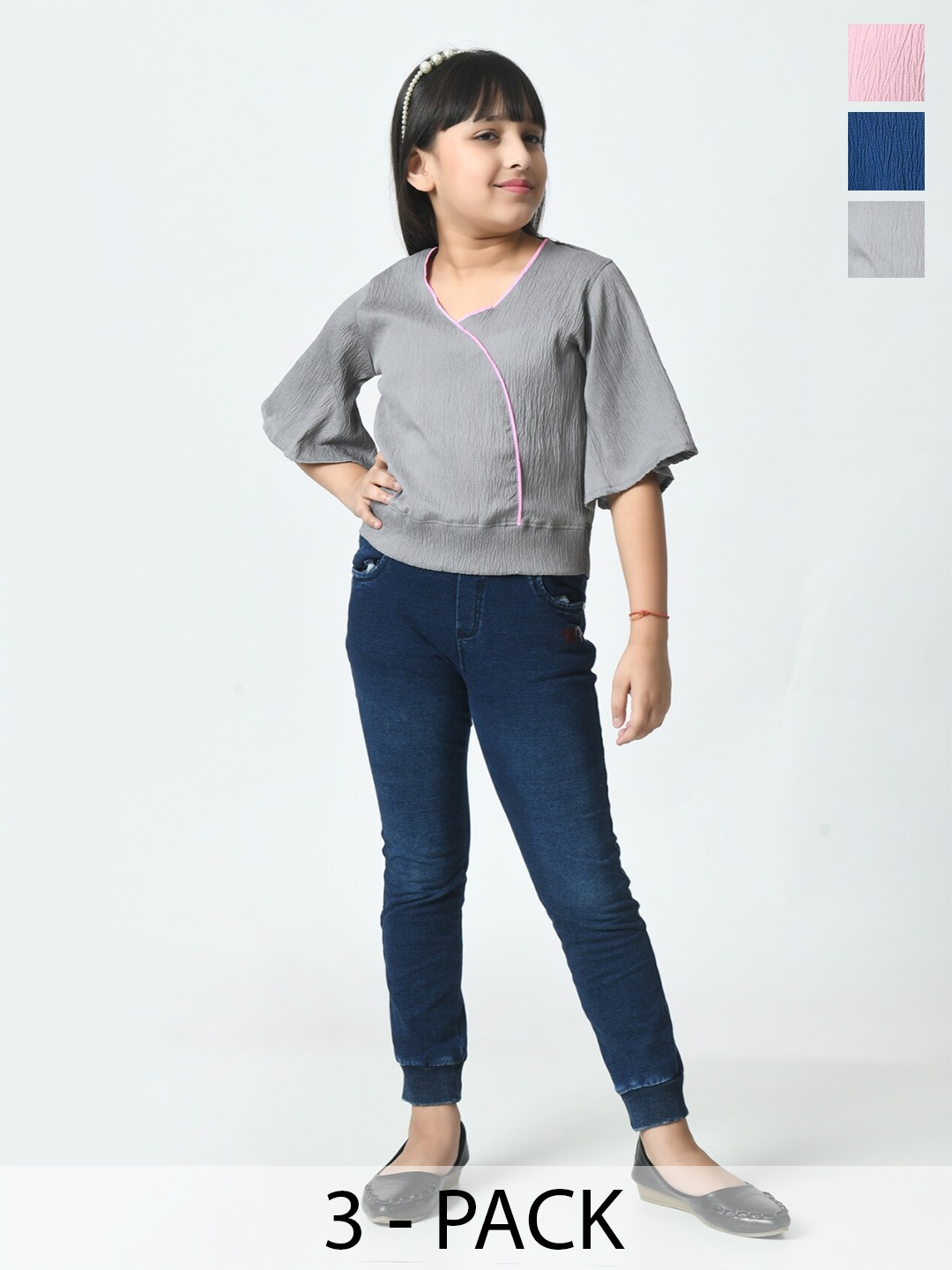 

BAESD Girl Set Of 3 Striped V-Neck Crepe Top, Multi