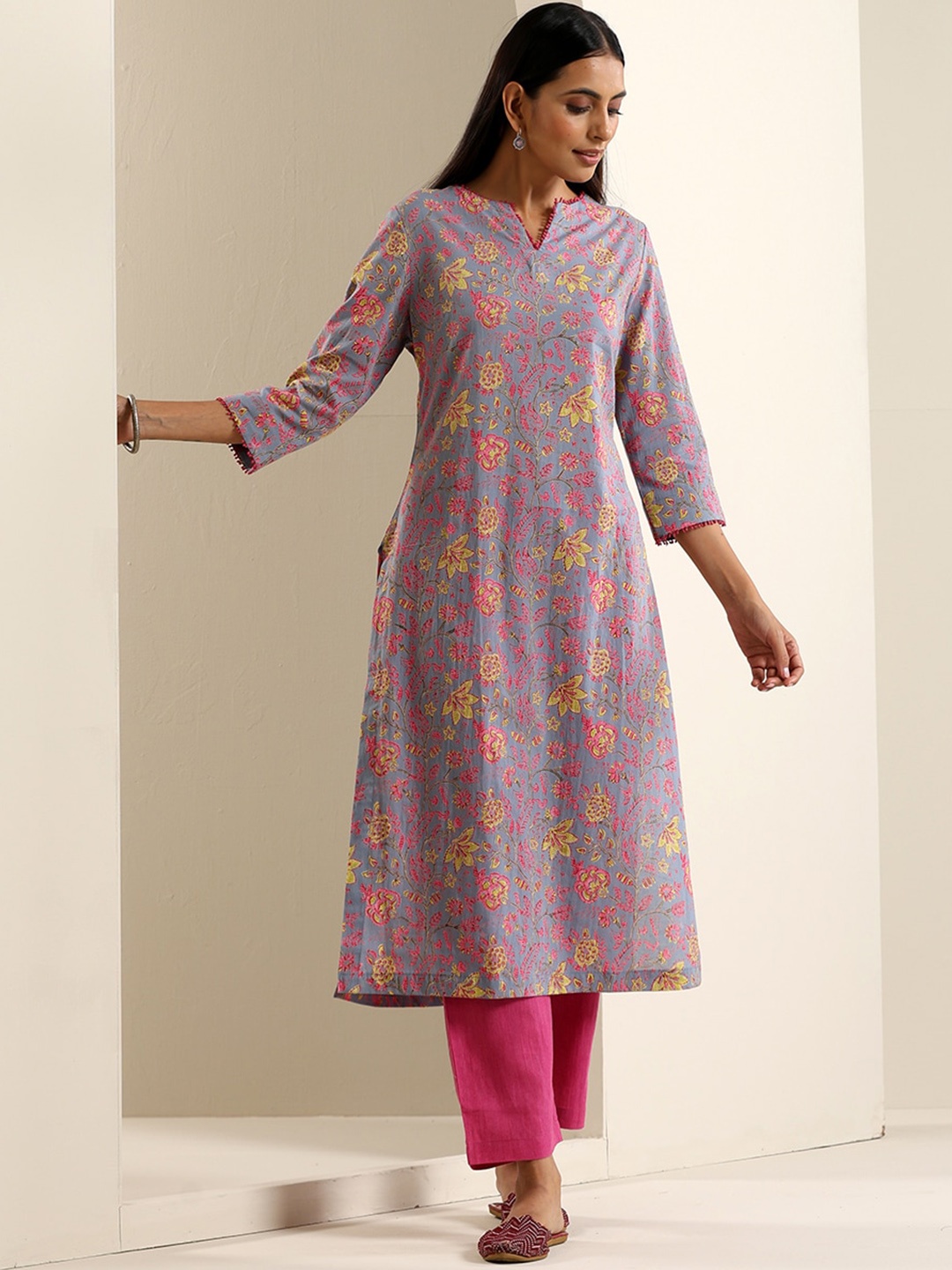 

indy Raaga Floral Printed Thread Work Cotton A-Line Kurta, Grey