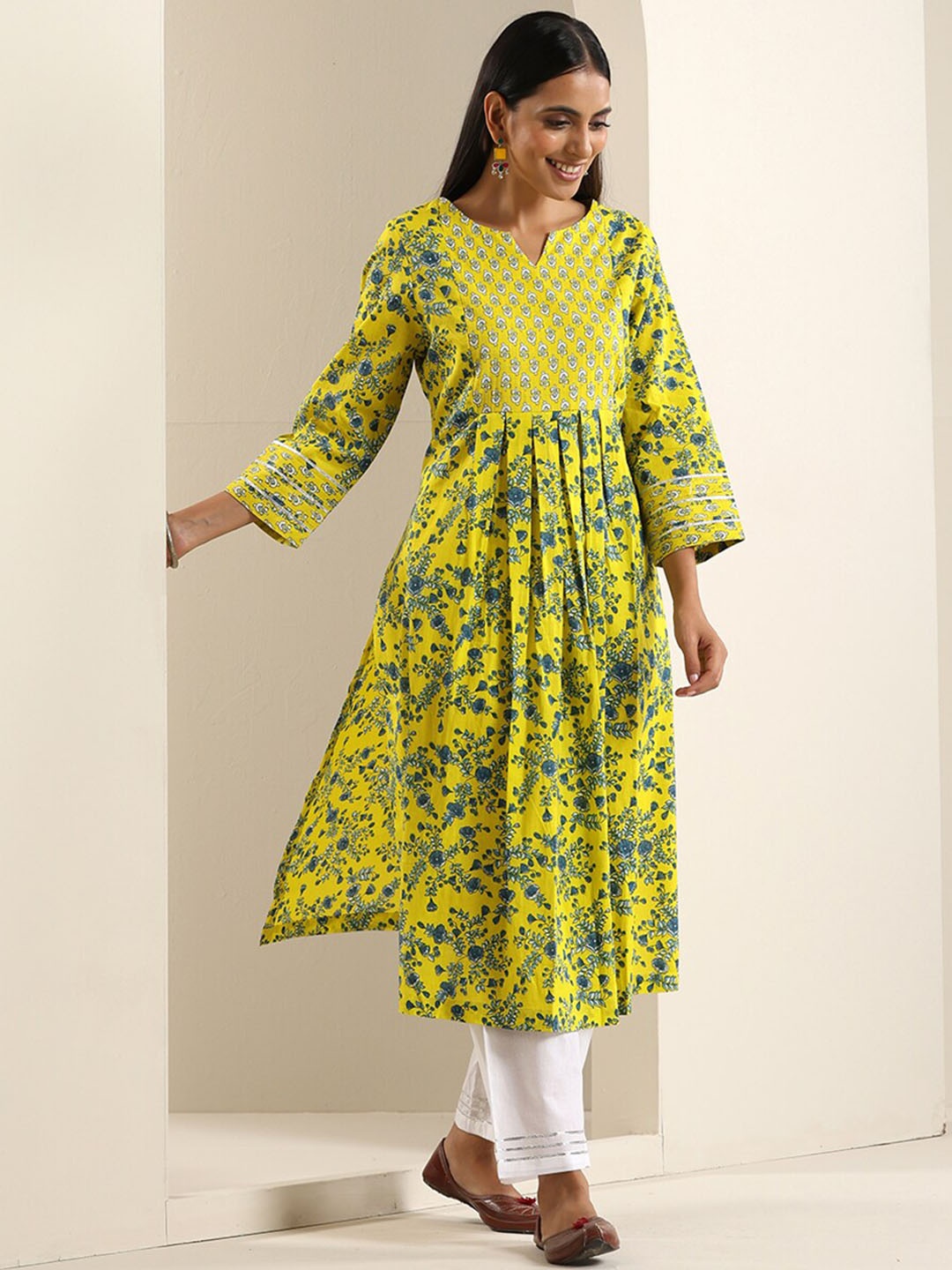 

indy Raaga Floral Printed Empire Cotton Anarkali Kurta, Yellow