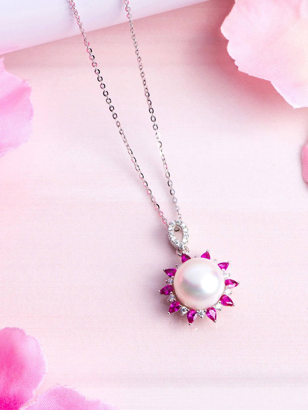 

Zavya Pearls Rhodium-Plated Floral Pendants with Chains, Silver