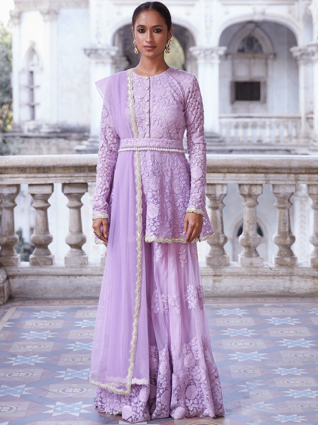 

Renee Label Ethnic Motifs Embroidered Anarkali Kurti & Sharara With Dupatta, Lavender