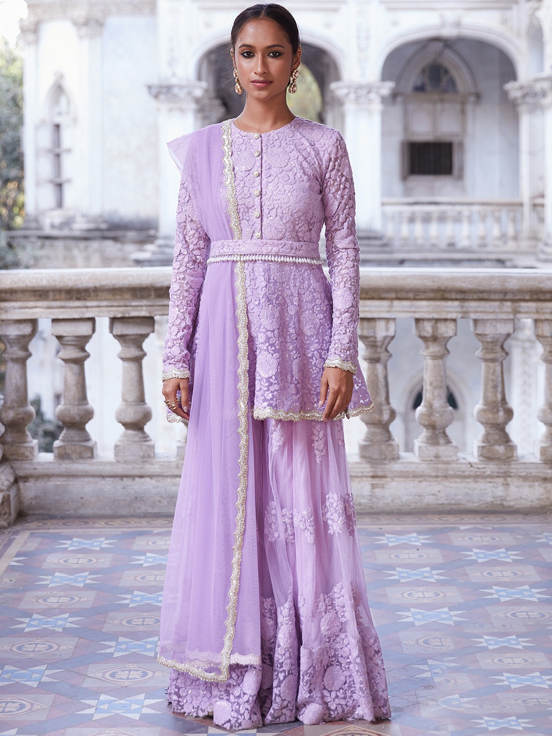 

Renee Label Floral Embroidered Thread Work A-Line Kurti With Sharara & Dupatta, Purple