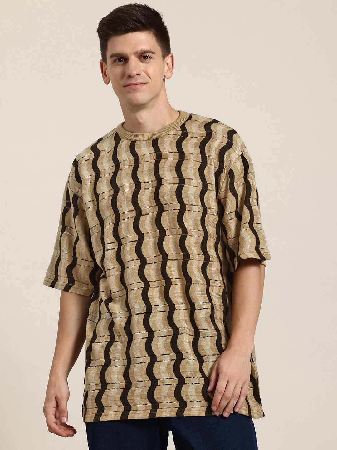 

HERE&NOW Geo Knit Acrylic Self-Design Open Knit Drop-Shoulder Sleeves Oversized T-shirt, Khaki