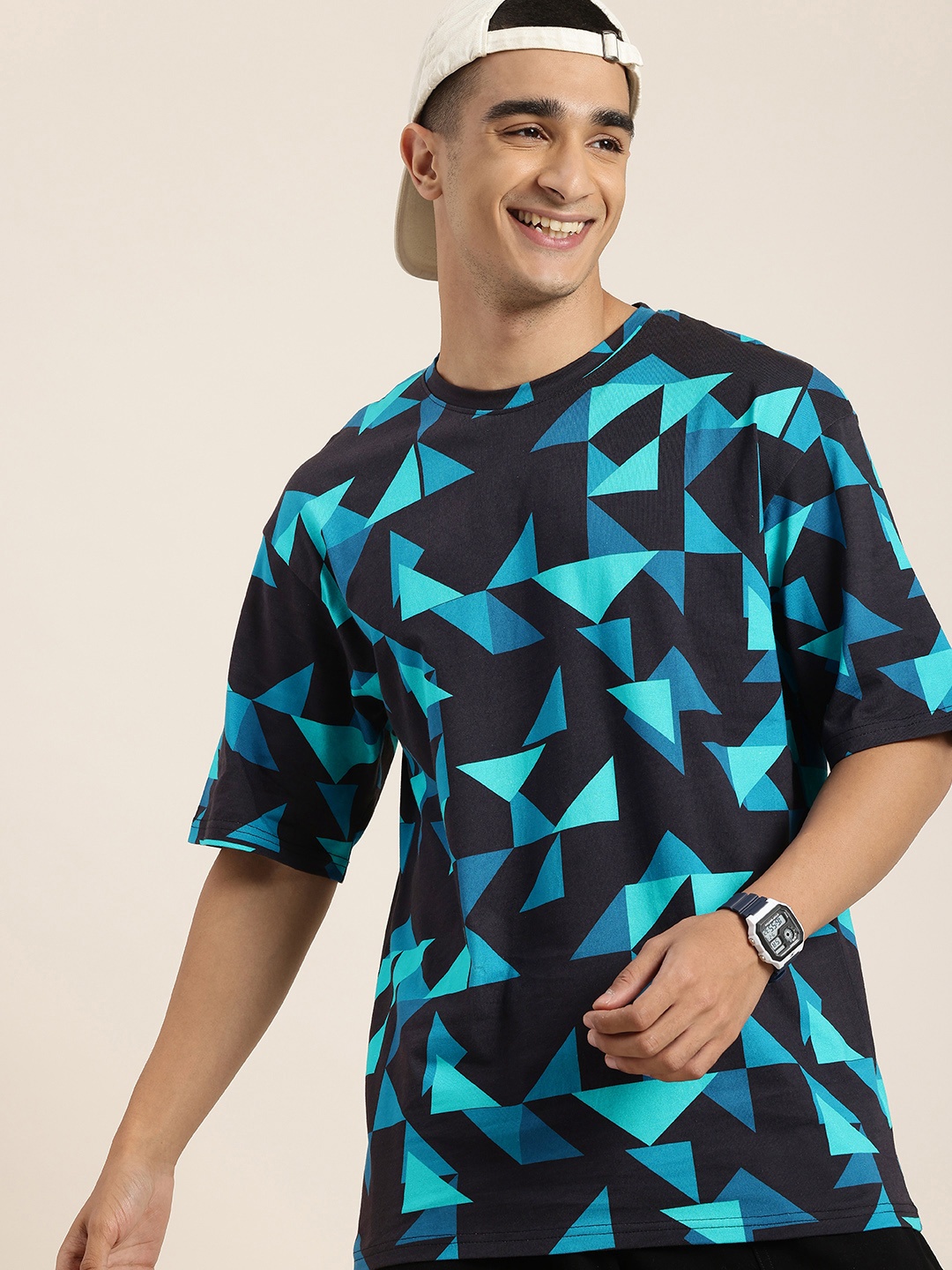 

HERE&NOW Print Mosaics Drop-Shoulder Sleeves Pure Cotton Oversized T-shirt, Blue