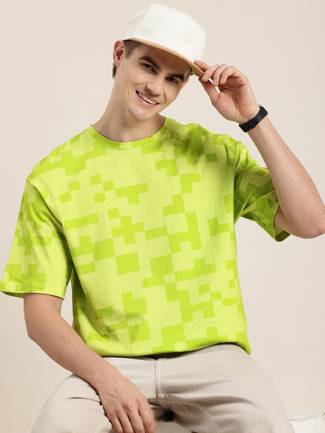 

HERE&NOW Pixel Byte Printed Drop-Shoulder Sleeves Pure Cotton T-shirt, Lime green