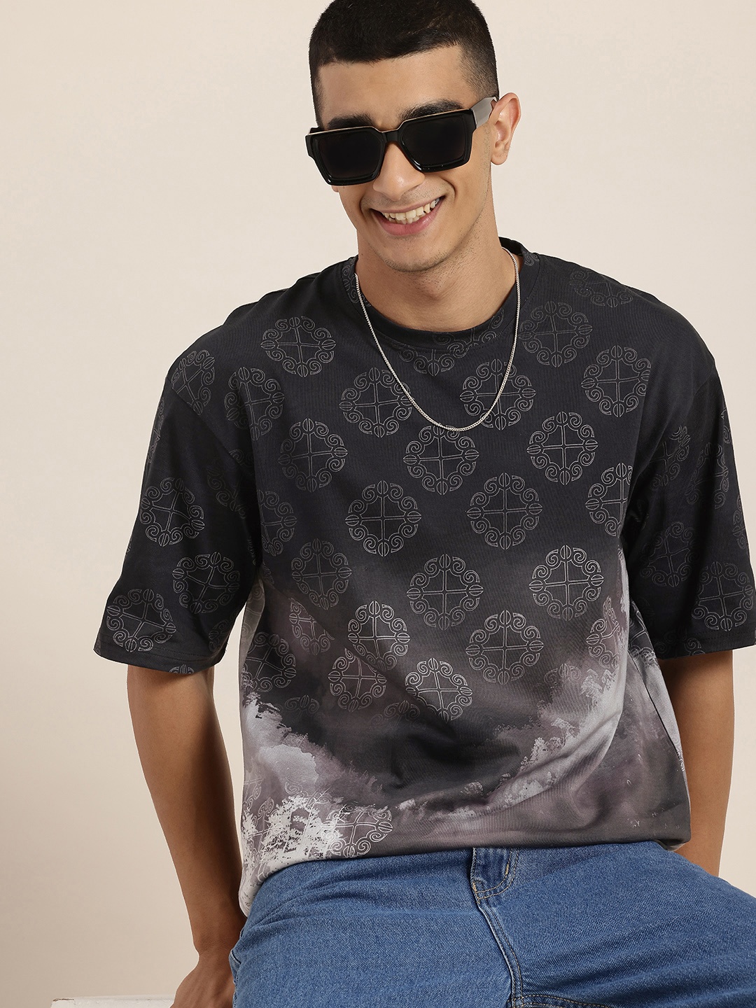 

HERE&NOW Super Nature Printed Drop-Shoulder Sleeves Pure Cotton Oversized T-shirt, Black