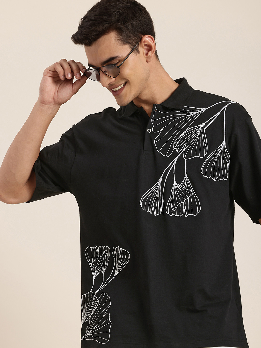 

HERE&NOW Blossom Mirage Floral Embroidered Polo Collar Pure Cotton Oversized T-shirt, Black